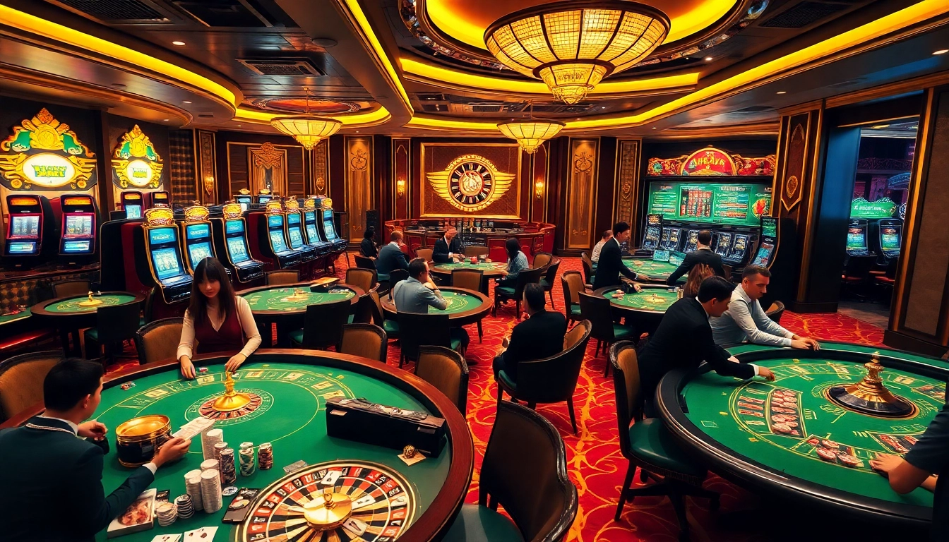 Exciting casino scene at TRANG CHỦ LUCK8 featuring blackjack, poker, and roulette tables.
