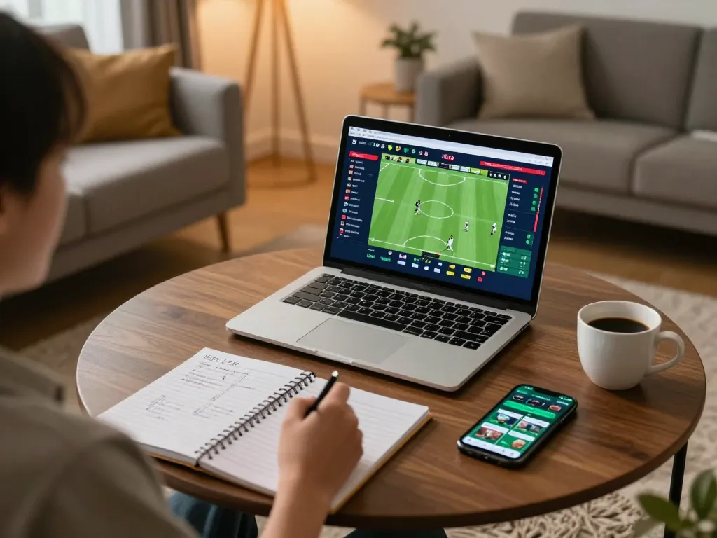 Engaged user checking Keo nha cai live betting odds on laptop in a cozy home setting.