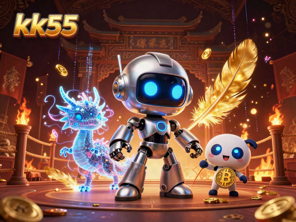 Engage with the dynamic world of kk55, featuring a cyberpunk robot mascot in a vibrant casino scene.