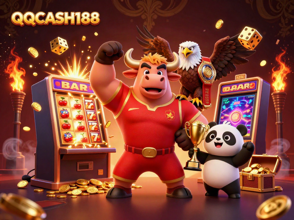 Engage with QQCASH188's vibrant online gaming scene featuring a victory pose cartoon bull, eagle, and panda.
