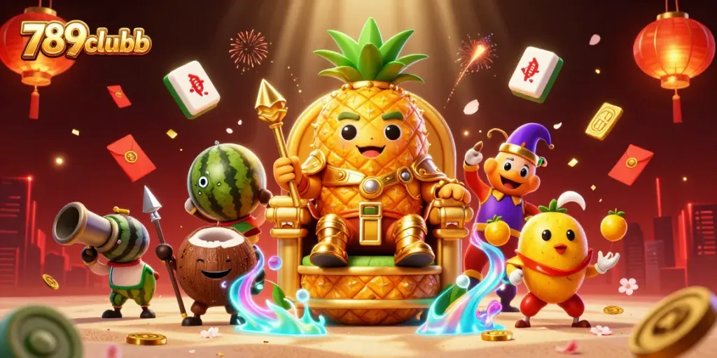 Engage with 789clubb's vibrant casino experience featuring a golden pineapple king and lively game elements.