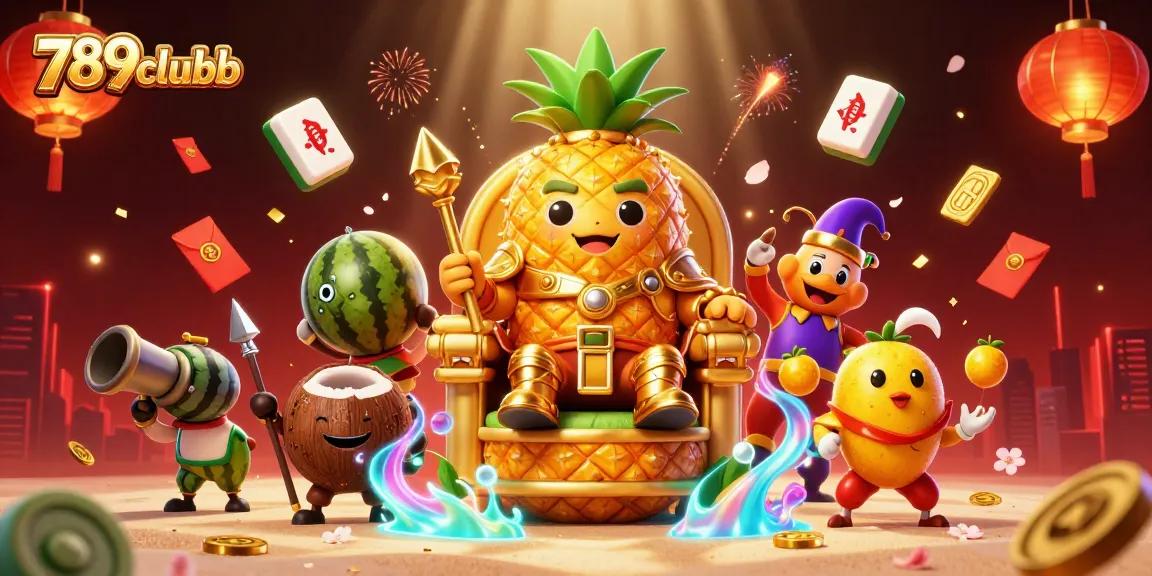 Engage with 789clubb's vibrant casino experience featuring a golden pineapple king and lively game elements.