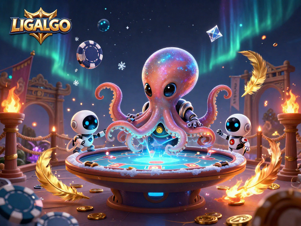 LIGALGO showcases an intergalactic poker game with a vibrant alien octopus and robot, highlighting rich casino elements.