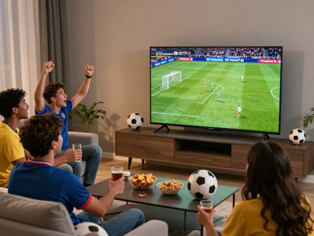 Excited fans enjoying football streaming at https://thapcamtvlive.live/ in a modern living room setting.
