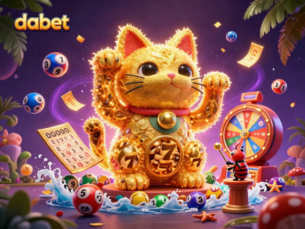 dabet casino illustration depicting a lucky cat and conductor beetle, amidst lottery balls and vibrant game elements.