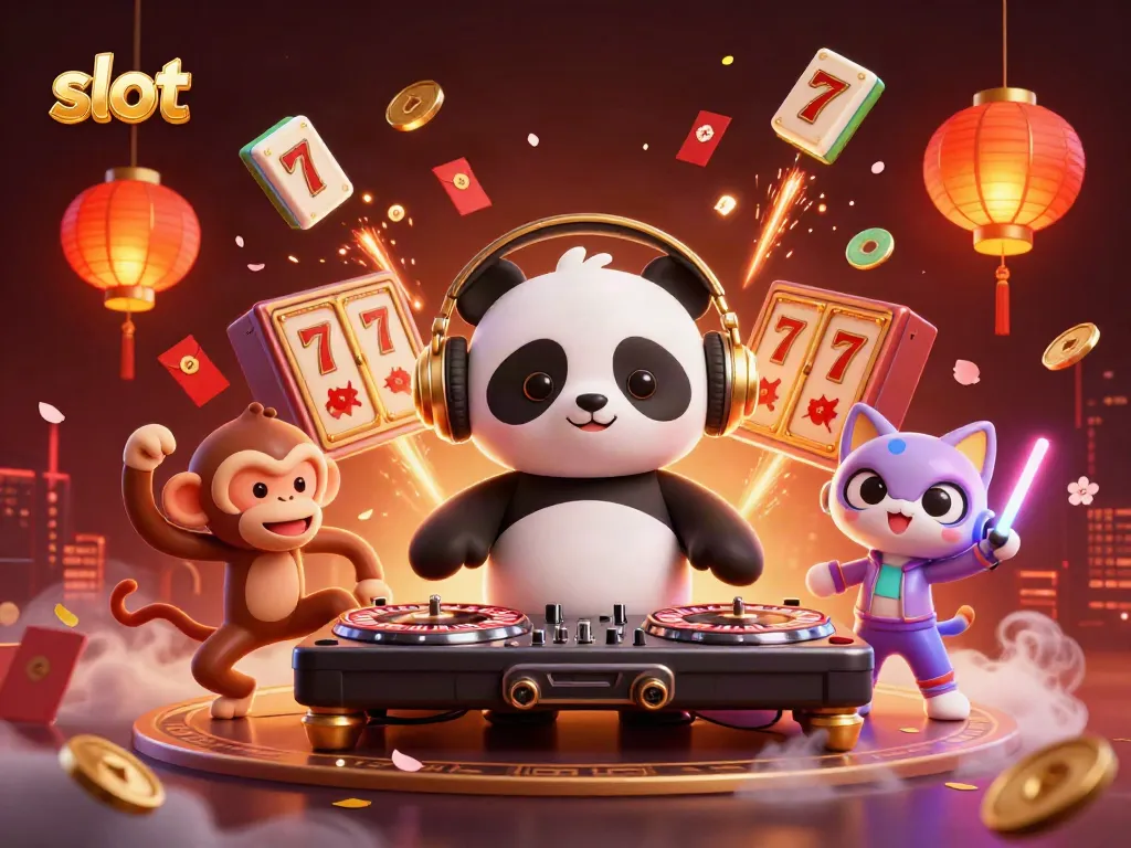 Experience thrilling slot action with DJ panda, breakdancing monkey, and lively kitten in a vibrant casino scene.