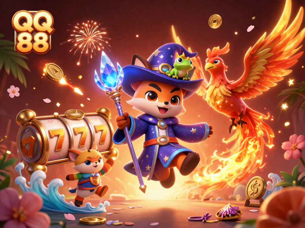 Engage in exciting gameplay at QQ 88 with a mystical fox wizard and sparkling phoenix in a vibrant casino scene.