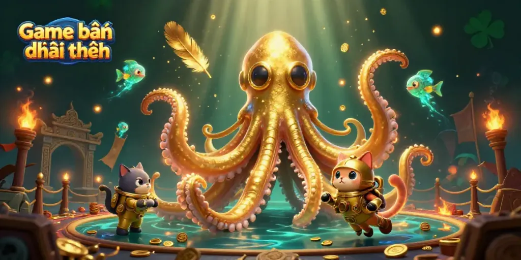 Experience Game bắn cá đổi thưởng with a colossal kraken, diving cat, and vibrant deep-sea life.