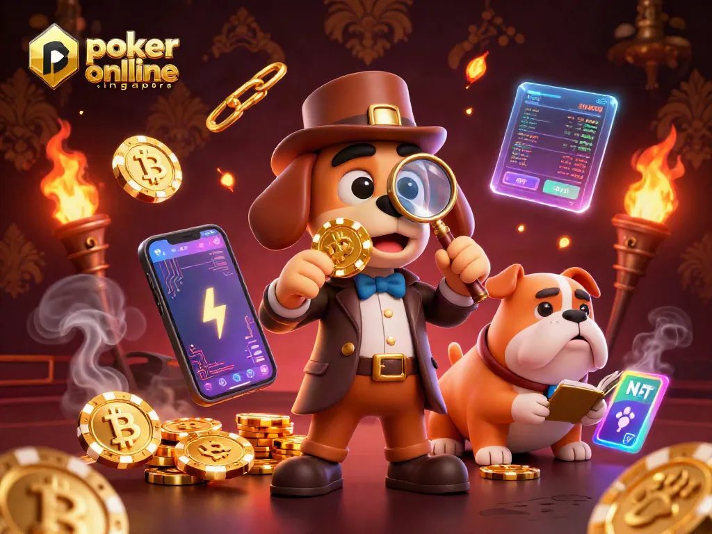 Join the thrilling action of poker online Singapore, featuring a detective bloodhound and vibrant cryptocurrency elements.