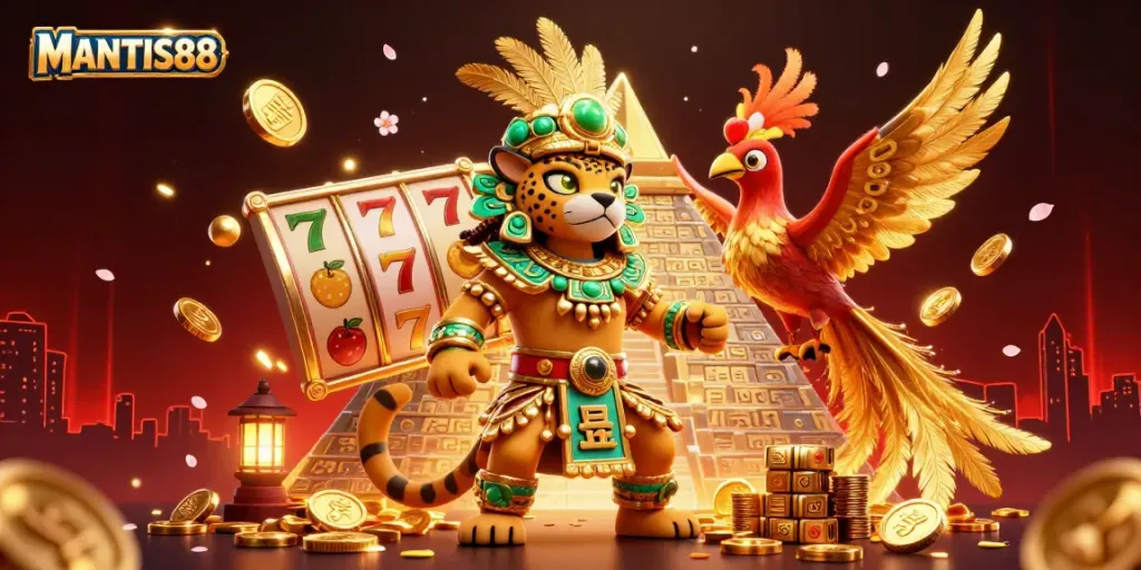 Experience thrilling action with MANTIS88, as majestic characters and vibrant casino elements create an immersive gaming atmosphere.