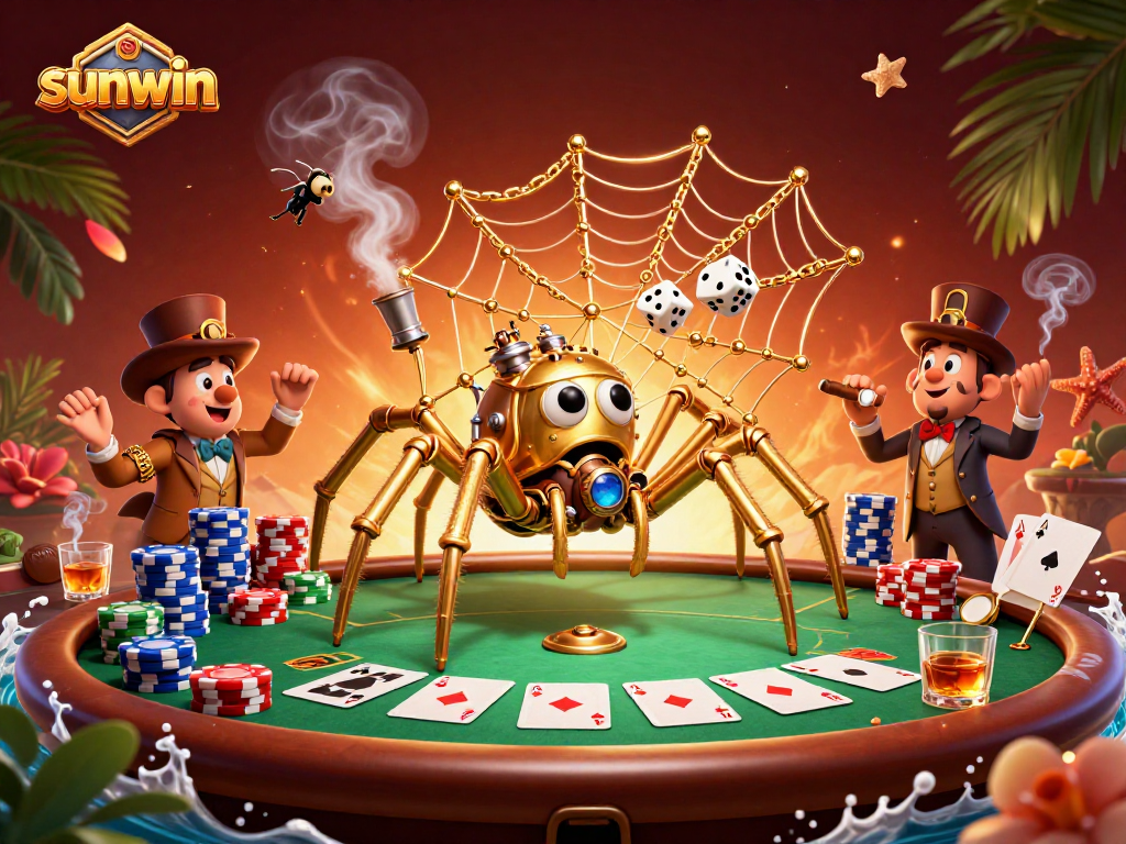 Experience the excitement of sunwin as the steampunk spider weaves gold and poker fortune.