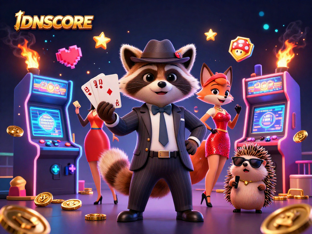 Experience thrilling gameplay at IDNSCORE with a suave raccoon and charming characters in a vibrant casino scene.
