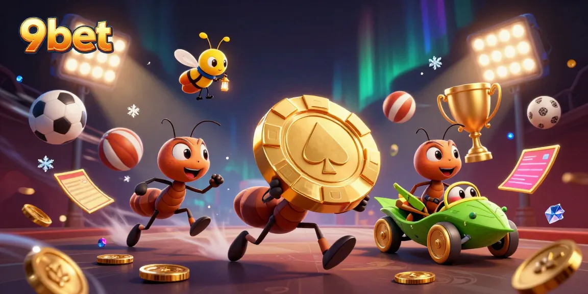 Engage in thrilling games at 9bet with ants heisting a golden poker chip in an exciting casino-themed scene.