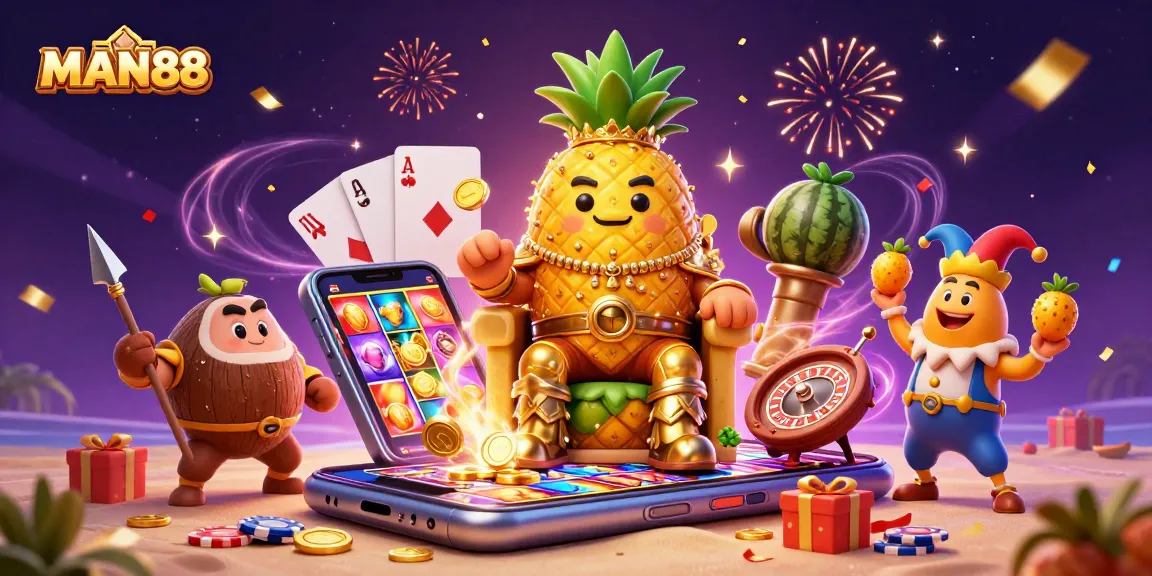 Spin and win with MAN88's vibrant casino scene featuring a golden pineapple king and a jester.