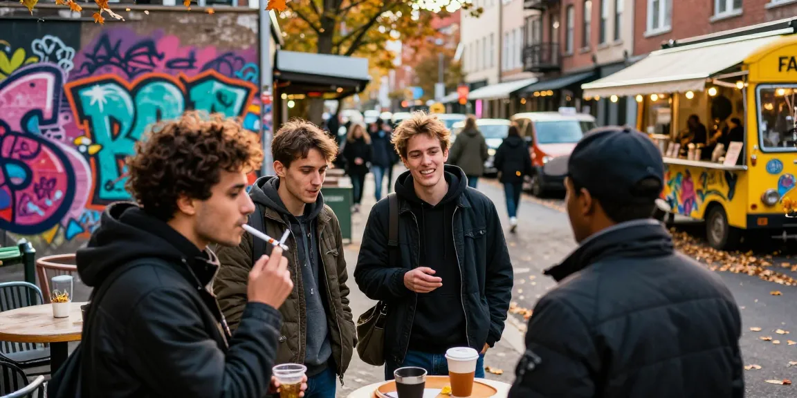 Friends enjoying a vibrant street moment with rokok88 cigarettes in an urban setting.