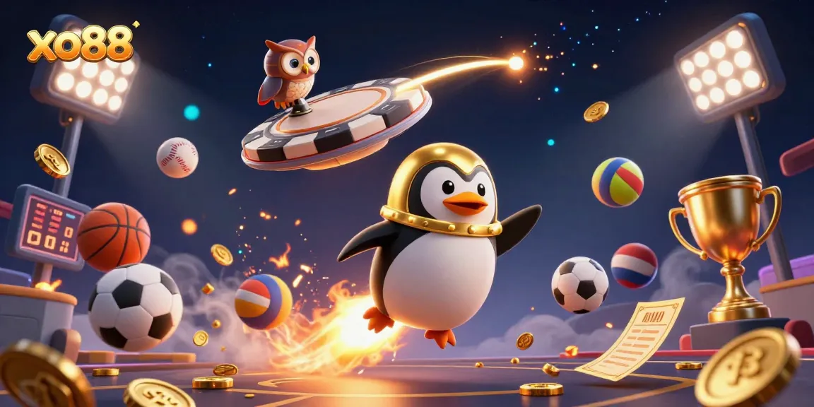 Win big with xo88's vibrant casino illustration showcasing animated games and golden penguin.