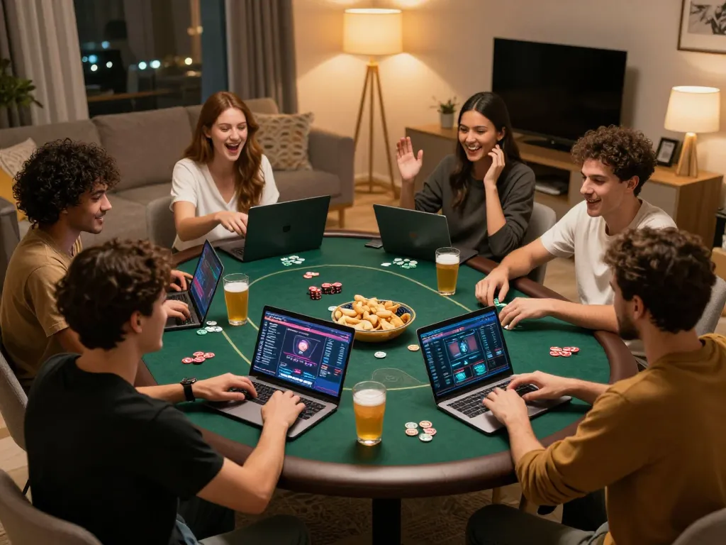Friends enjoying an exciting online poker game at home on rik vip platform