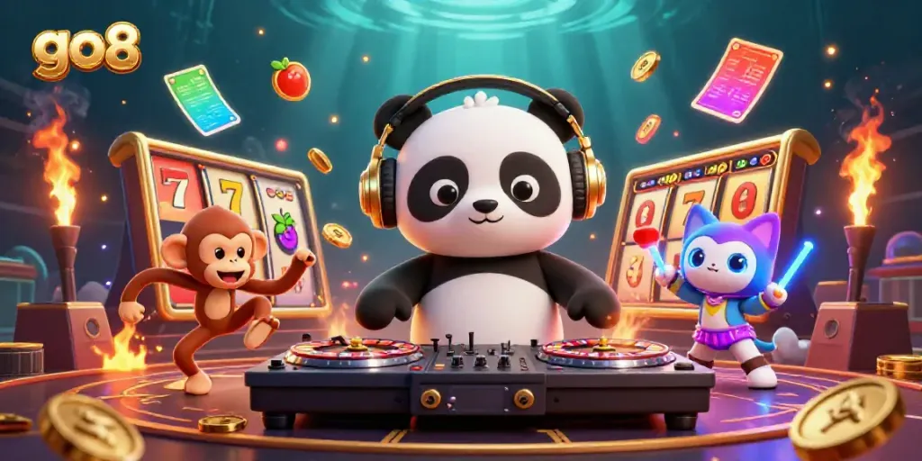Experience the excitement of go8 casino with animated characters and vibrant gaming elements in this captivating 3D scene.