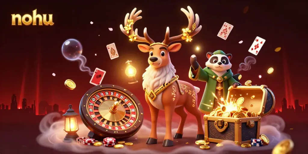 Nohu Casino's vibrant 3D illustration showcases a druid stag, badger, and casino elements in a dynamic gambling scene.