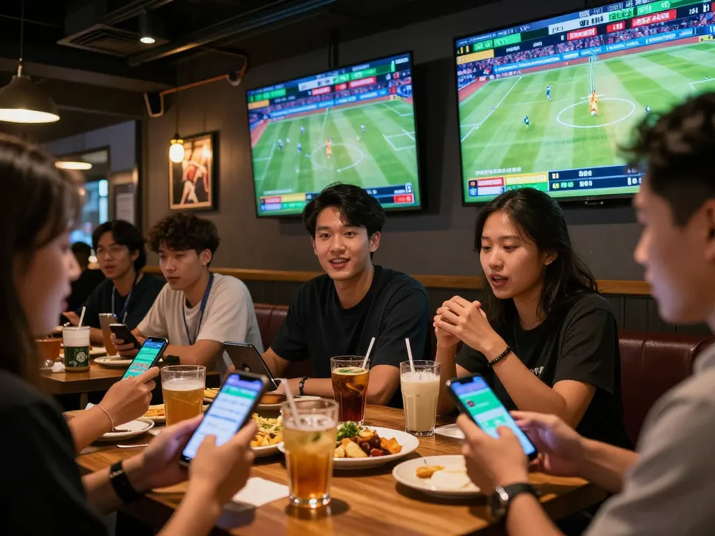 Patrons engaged in sports betting while checking keonhacai odds on their smartphones in a lively sports bar.