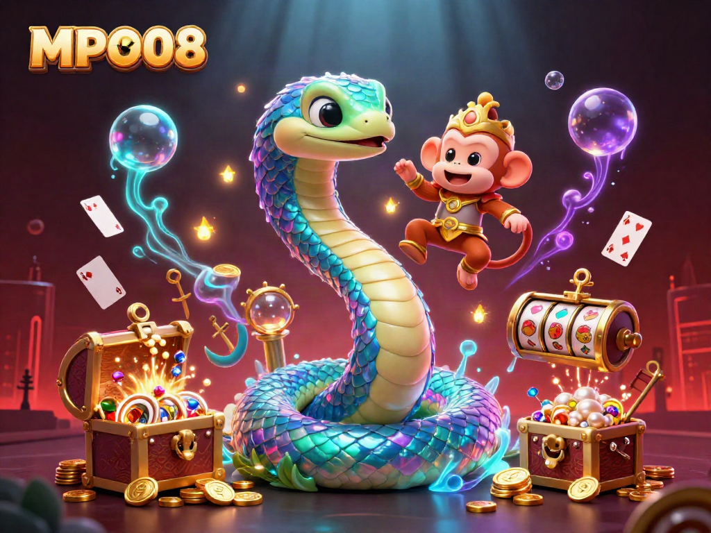 Engage in thrilling moments with MPO08's vibrant casino adventure, featuring a playful monkey king and a colorful serpent.