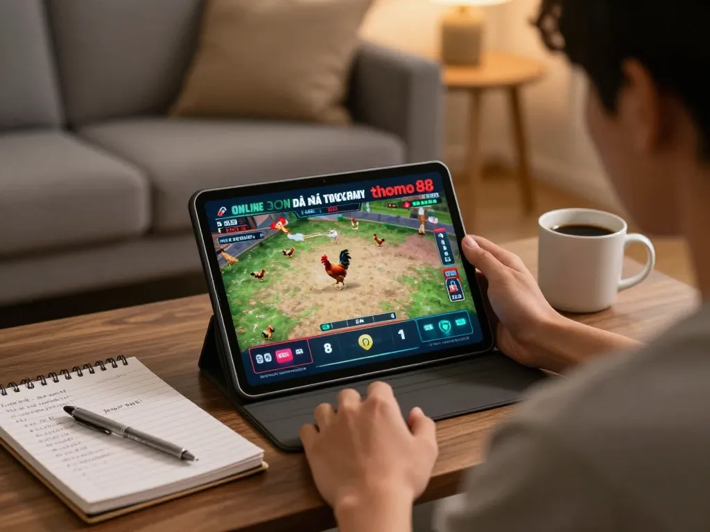 Experience đá gà trực tiếp thomo 88 with live betting on a tablet in a cozy ambient setting.