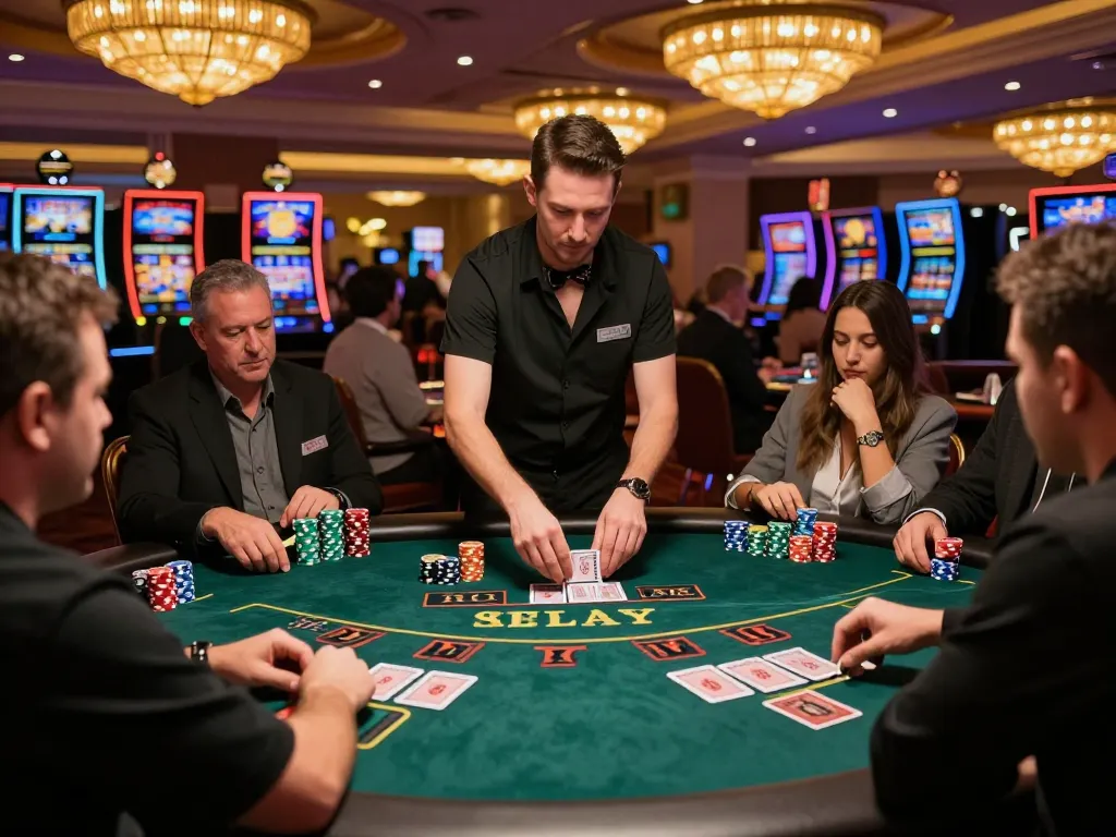 Engaged players at a blackjack table in a vibrant casino, enjoying j88 strategy for winning