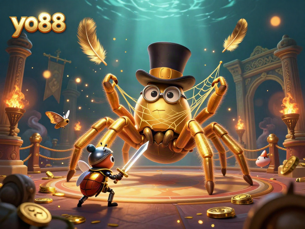 Experience the thrill with yo88 at this vibrant casino illustration featuring a golden tarantula and allies.