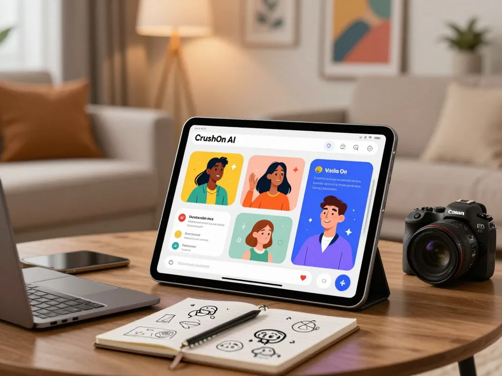 Interactive experience with Crushon AI characters on a modern tablet in a cozy setting
