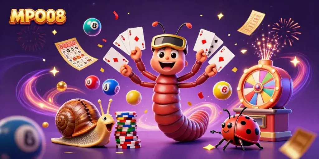 MPO08 features whimsical 3D characters engaging in lively casino action, celebrating wins.
