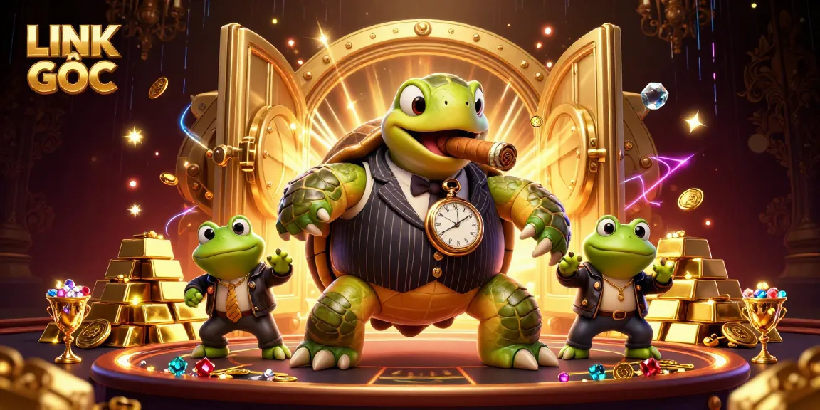 Experience LINK GỐC with a dynamic casino scene featuring a mobster turtle and frog enforcers.