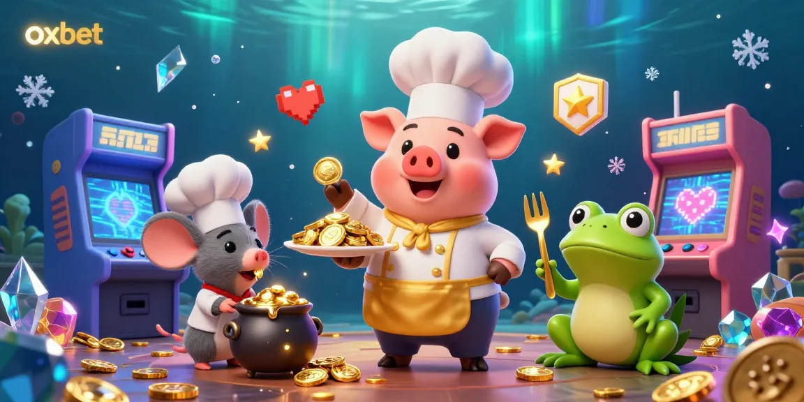 Experience exhilarating gaming vibes with oxbet as a chef pig serves golden coins in this vibrant casino scene.