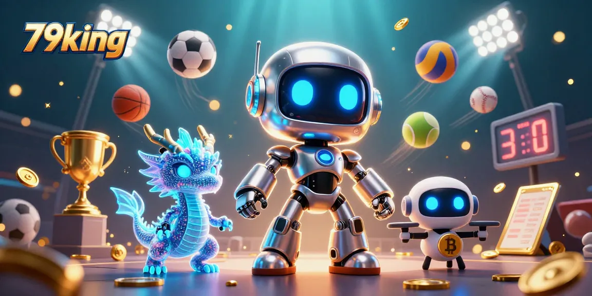 79king showcases a vibrant scene of a cyberpunk robot, AI dragon, and drone in an exciting casino setting.