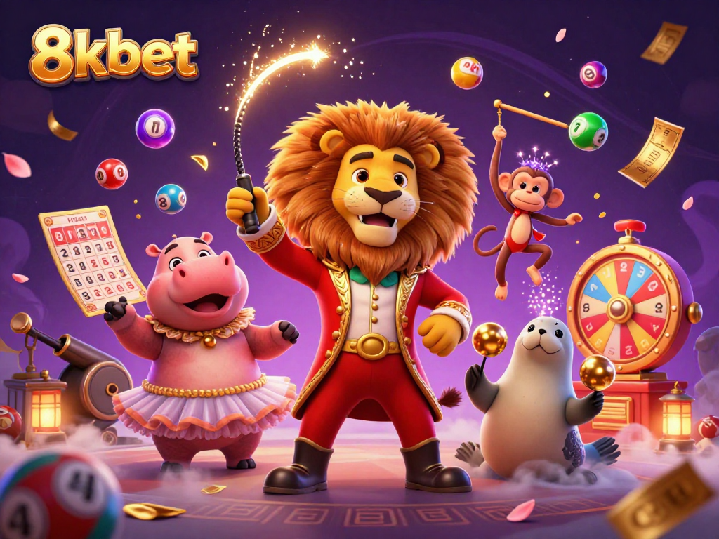 Experience the excitement of 8xbet with vibrant lottery elements and animated characters in a dynamic casino scene.