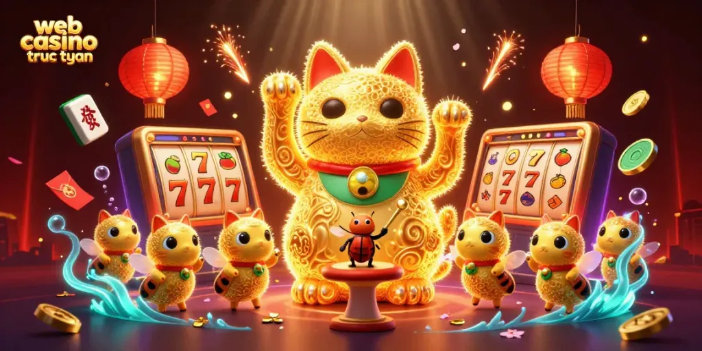 Chơi tại web casino trực tuyến với hình ảnh các biểu tượng may mắn và pháo hoa rực rỡ.
