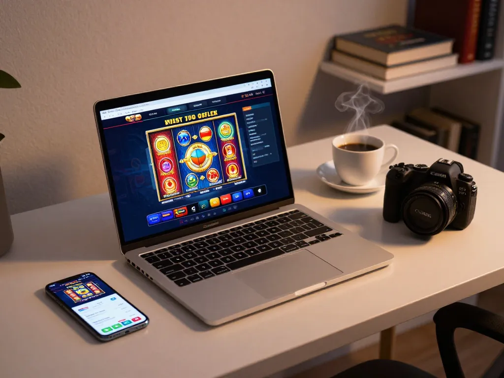 Engaging in online casino gaming at home with nk88, showcasing a modern laptop setup, vibrant interface, and strategic notes.
