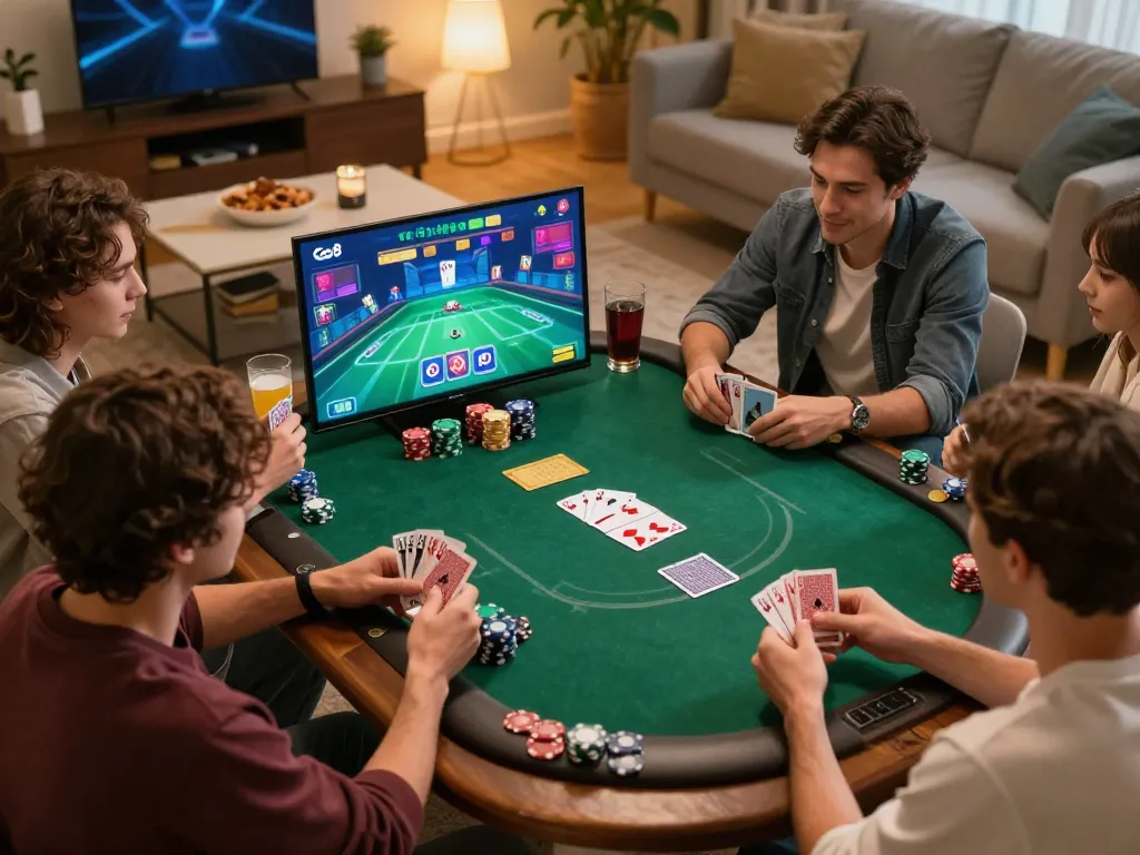 Players engaging in an online poker game using the Go8 app in a cozy home setting