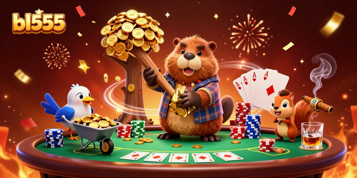Experience thrilling gameplay at bl555 with vibrant characters collecting golden coins at a lively poker table.