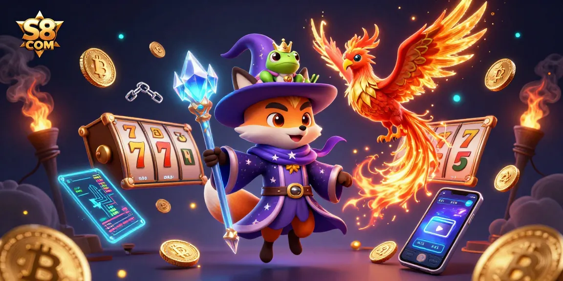 Experience thrilling wins at S8 COM with a vibrant scene of magical gaming elements and characters.