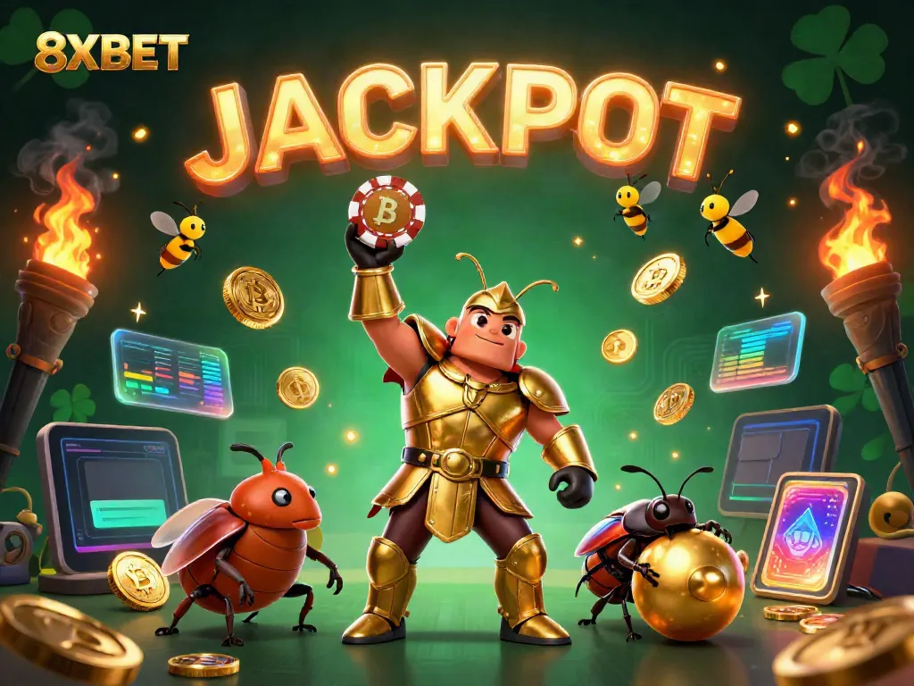 Celebrate your wins with 8XBET in an epic 3D casino scene of vibrant characters and crypto elements!