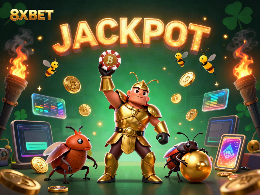 Celebrate your wins with 8XBET in an epic 3D casino scene of vibrant characters and crypto elements!