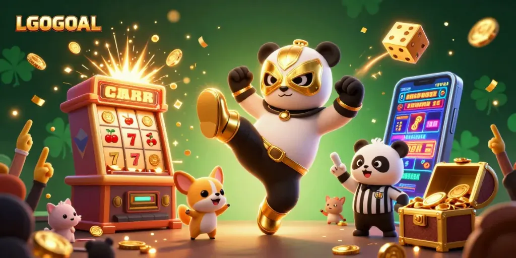 Join the action with LGOGOAL's energetic gaming scene featuring a flying panda wrestler and a festive crowd.