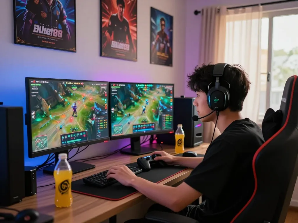 Engaging esports betting scene showcasing nổ hũ hubet88 with vibrant graphics and LED lights.