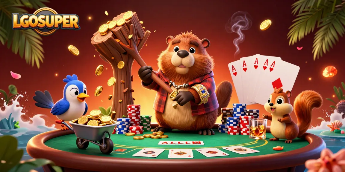 Win big with LGOSUPER as the 3D cartoon beaver earns golden coins at the poker table.