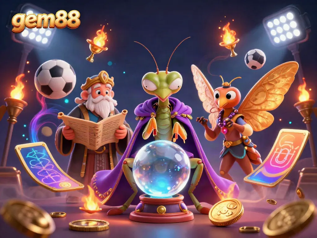 Experience the excitement of gem88 with a mystical scene featuring a fortune teller and sports elements.