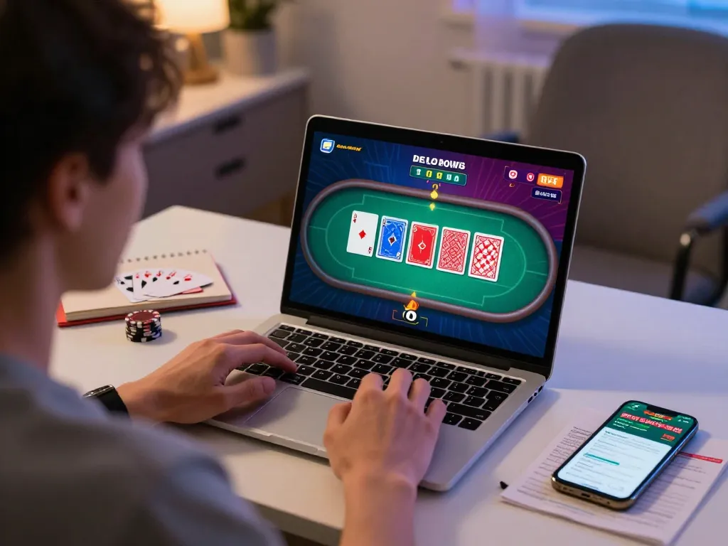Engaging in a strategic poker game online with 789wincom, portrayal of modern gaming setup showcasing thoughtful gameplay.