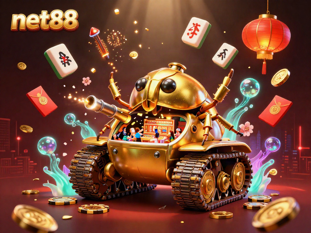 Experience the excitement of net88 with a vibrant casino scene in a 3D cartoon style featuring a golden beetle tank.