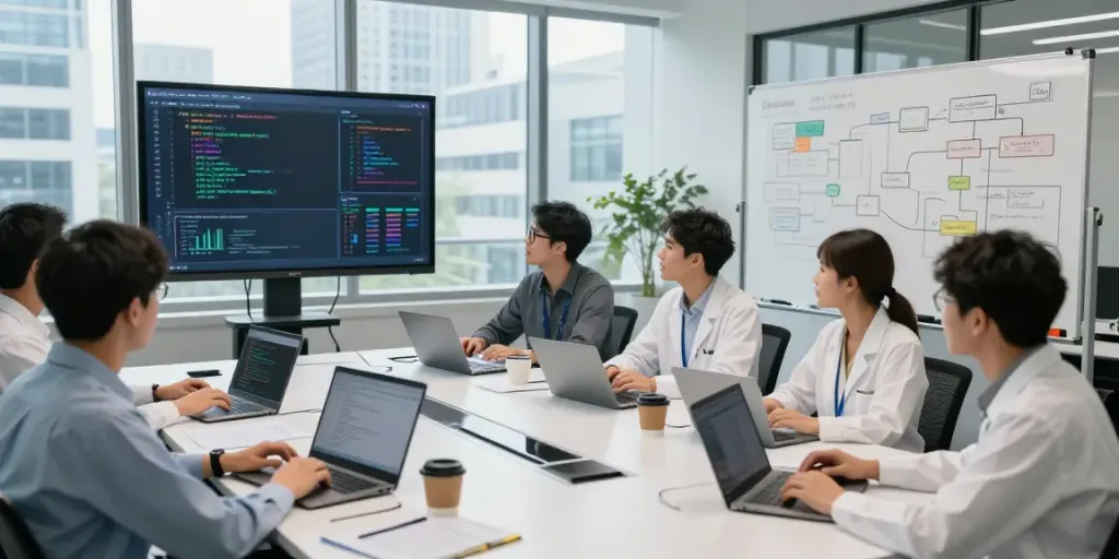Team of engineers collaborating on Enterprise AI models in a modern tech lab.