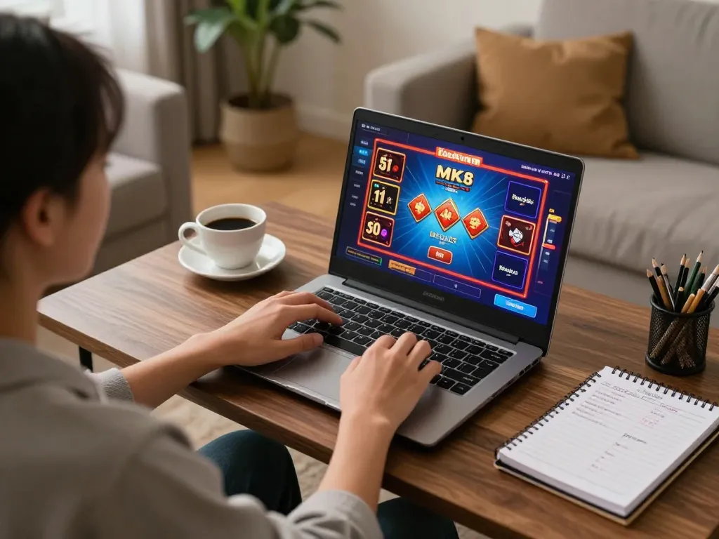 Gamer engaging with MK8th online platform during a cozy home session with vibrant casino games.