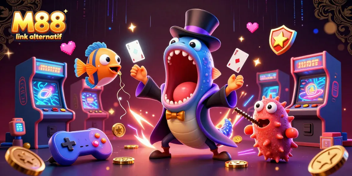Experience the M88 link alternatif with vibrant casino elements and enchanting sea creatures in this whimsical illustration.